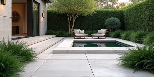 Elegant stone patio with a tranquil modern water feature.